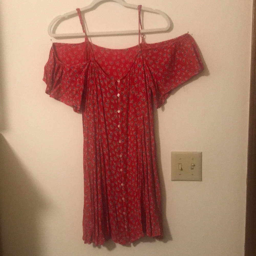 Red and teal cold shoulder spaghetti strap dress